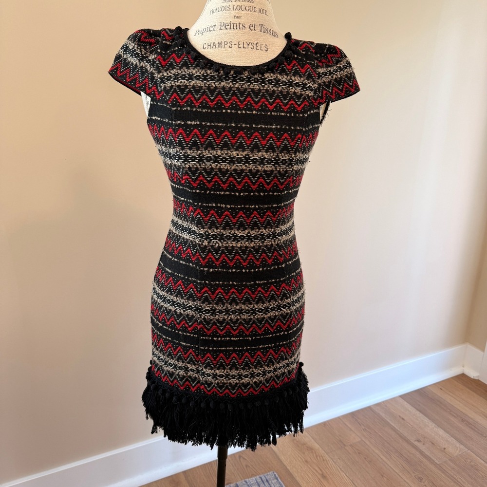 Vanessa Virginia Women's Black/Red Geometric Bottom Tassel Mini Dress Size 0